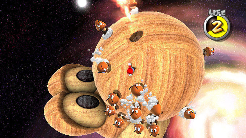 Los Goombas acechan a Mario en el planeta de Yoshi